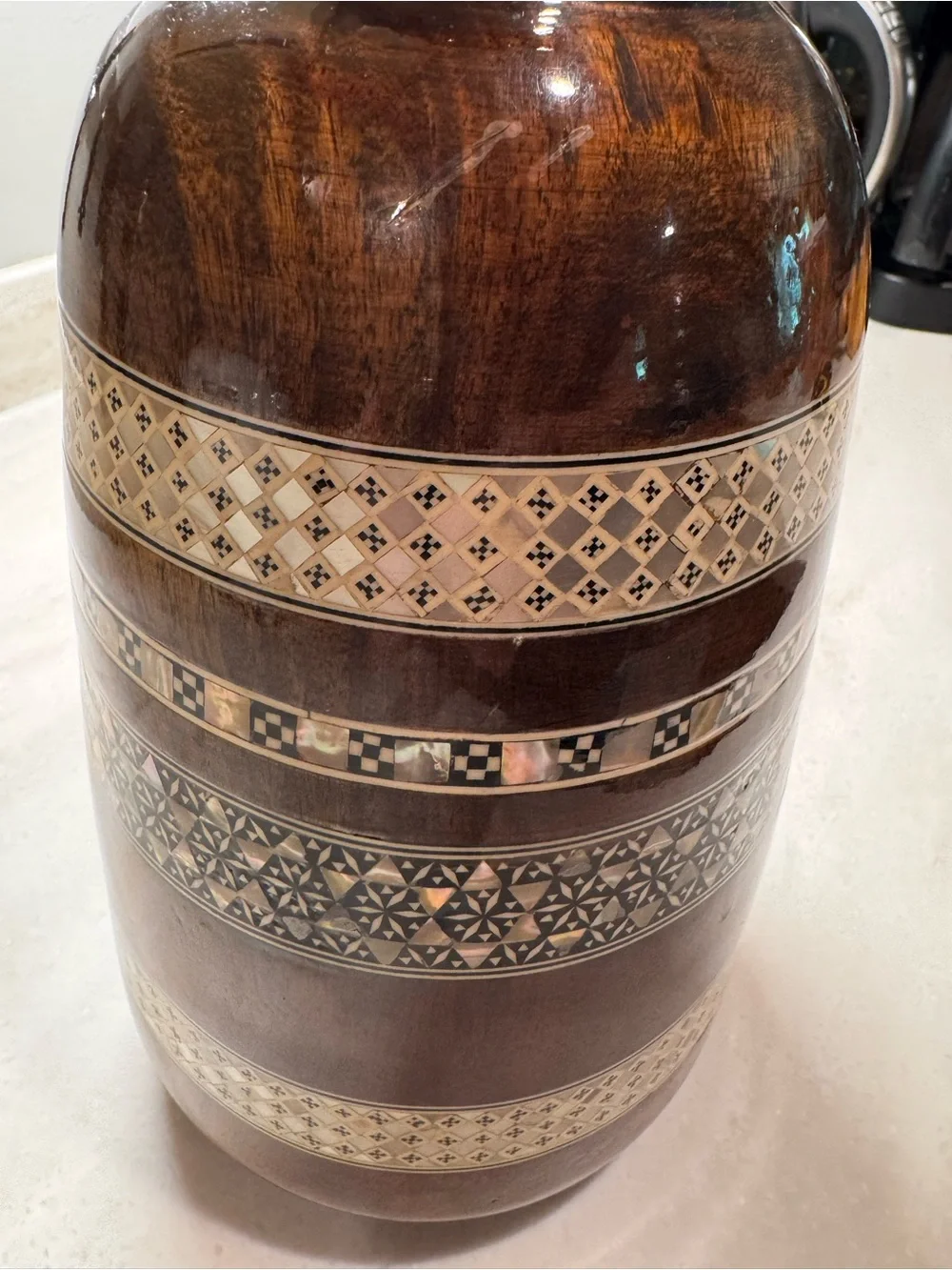 Vintage Mother of Pearl Inlaid Wood Vase 12”